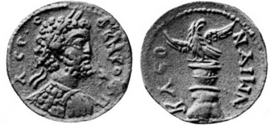 Coin image (both sides): bearded male figure on left, eagle sitting on a rock on the right.