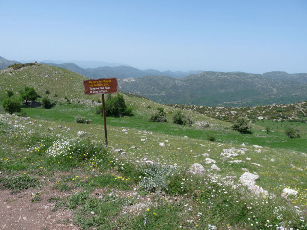 Grassy mountain slope and mountain peaks in the distance.