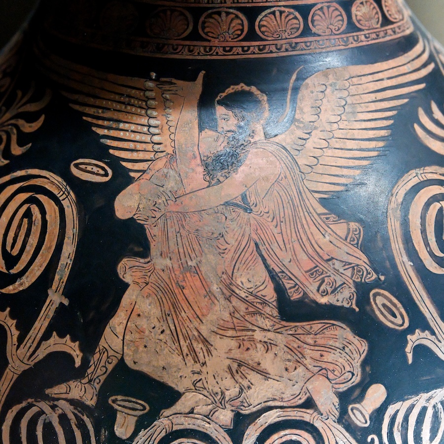 Vase painting: winged male figure abducting female figure.