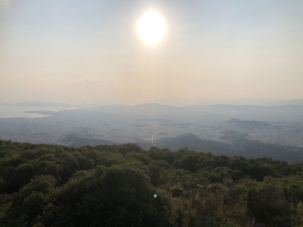 Distant view of Athens just before sunset from Mount Hymettos.