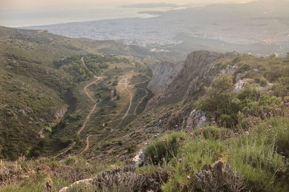 Mountain slopes with views down to paths on the floor of abandoned quarry