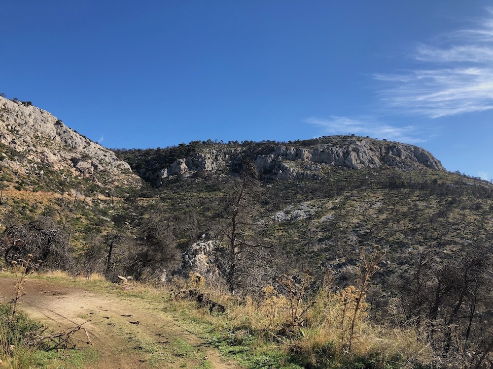 Track with rocky mountainous ground in the distance behind.