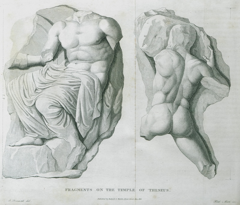 Sketches of ruined classical statues.
