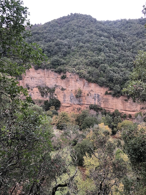 View across valley to reddish-coloured cliff.