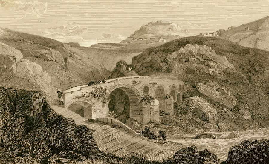 Sketch of bridge and cliffs.