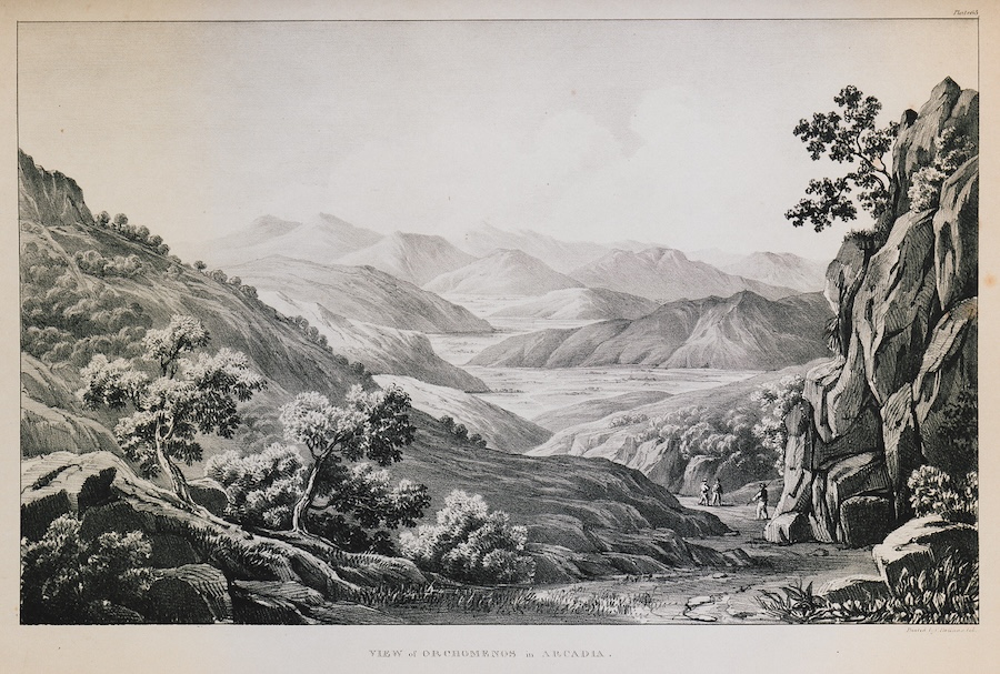 Sketch of cliffs with mountains in the distance.