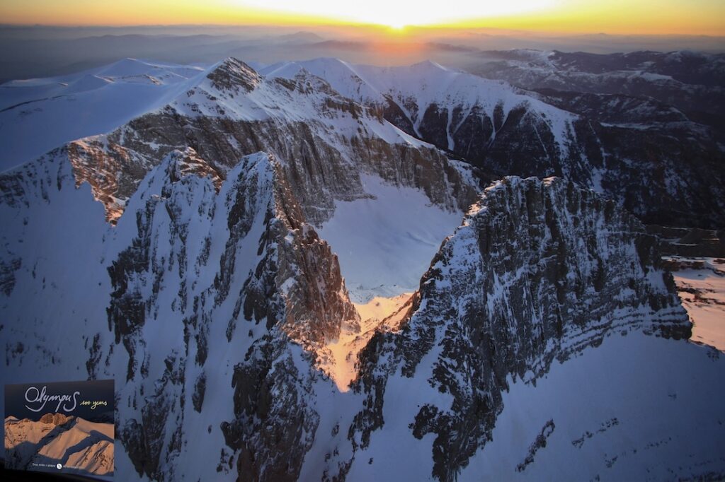 aerial view of Mount Olympus summits covered in snow